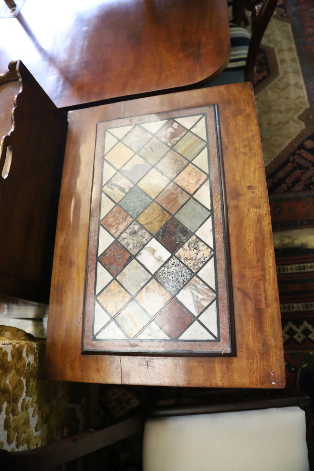 A Victorian mahogany work table with specimen marble top, width 45cm, depth 74cm